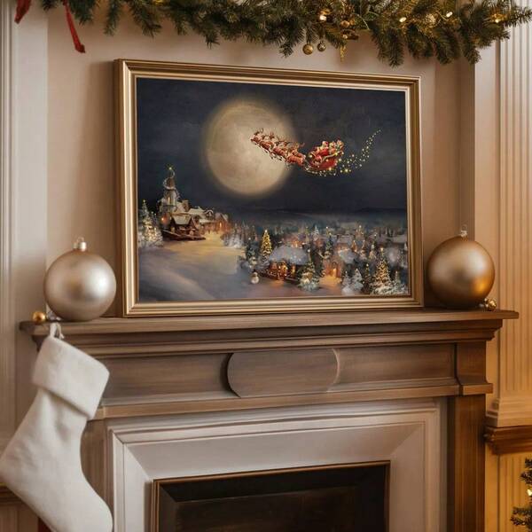 1pc Framed/Unframed Santa Sleigh Flying Winter Wonderland Canvas Poster Christmas Night Village Cozy Wall Art Print Xmas Holiday Decor Painting For Apartment,Living Room,Bedroom,Modern Home Decoration