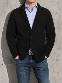 Men Waffle Knit Blazer Cardigan Lapel Two Button Long Sleeve Casual Knit Coat - Caramel Color - View 3