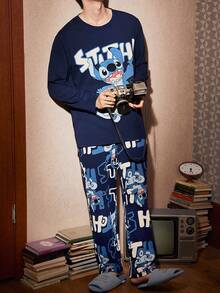 Gongdie 2 Pieces Disney Stitch Men Pajama Set,Fall Navy Soft Cotton Loungewear With Pocket - Navy Blue - View 11