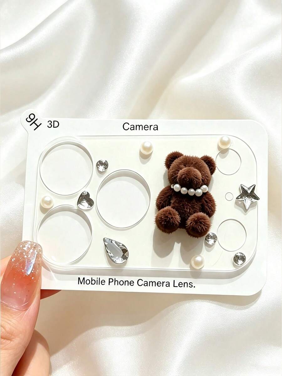 NNBILI Fluffy Pearl Bear Camera Lens Protector, Compatible With IPhone 18 Pro Max/18 Pro/17 Pro Max/17 Pro, 3D Rhinestone Star Heart Diamond Decorated Camera Cover, Scratch-Resistant Tempered Glass Lens Sticker, Cute Phone Camera Decoration - Dark Brown Bear Pearl Necklace - View 1
