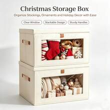 1pc Foldable Christmas Storage Box With Transparent Front Window, Stackable Fabric Holiday Decor Organizer Bin With Sturdy Leather Handles And Dust Cover, Suitable For Christmas Stockings, Ornaments, Ribbons And Holiday Supplies - Multicolor - View 3