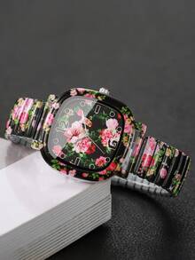 Women's Square Printed Quartz Watch, Elastic Stretch Band Printed Dial Design Wristwatch, Exquisite Gift For Girlfriend (1pc/Set) Watch Box Not Included - Black - View 7