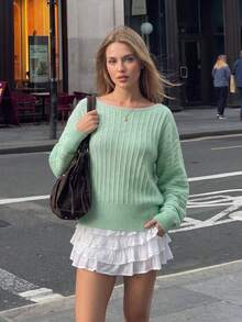 Sweater Pullover Wanita Warna Hijau Mint Musim Gugur, Kerah Lebar Model Perahu, Lengan Panjang Mengembang, Rajutan Rib, Kostum Halloween - Mint Green - View 1
