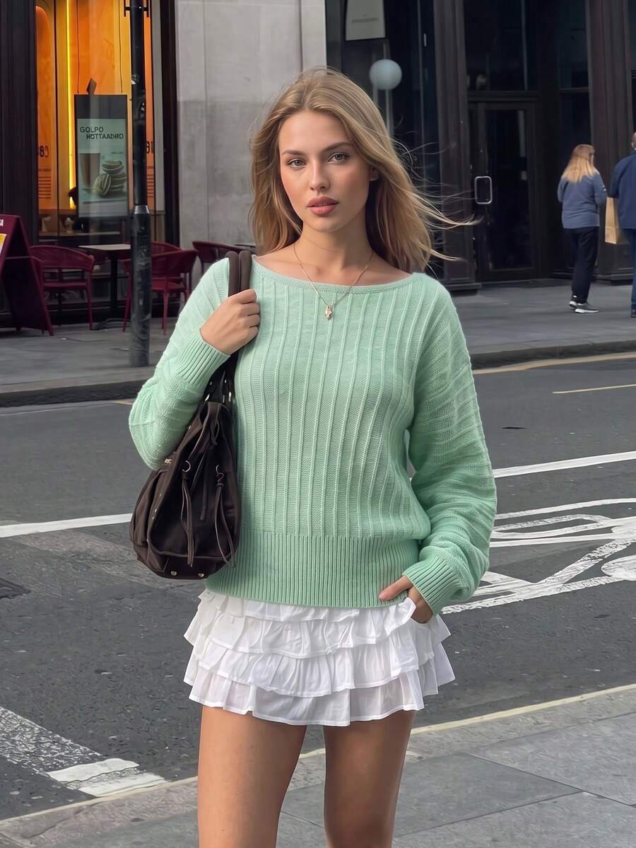 Sweater Pullover Wanita Warna Hijau Mint Musim Gugur, Kerah Lebar Model Perahu, Lengan Panjang Mengembang, Rajutan Rib, Kostum Halloween - Mint Green - View 1