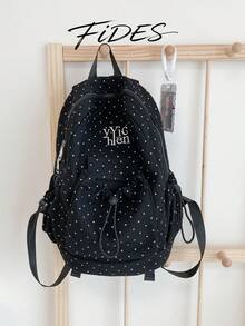 1PC Fashion Minimalist Polka Dot Drawstring Backpack, Letter Embroidery Accents, Soft Fabric Lightweight Shoulder-Friendly, Dual Side Drawstring Pocket Design, Ample Layered Storage Space, Korean Style Girly Vibe Classic Backpack, Versatile Practical Women's Bag For School, Travel, Commute - Multicolor - View 13