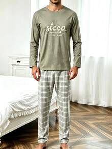 Men's 2 Pieces Pajama Set, Autumn/Winter Round Neck Simple Letter Print Top & Plaid Long Pants Loungewear - Multicolor - View 4