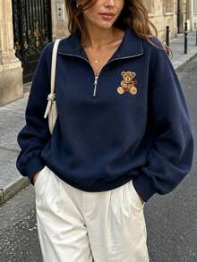 女款秋冬新款極簡可愛海軍藍半拉鍊套頭運動衫，泰迪熊刺繡與印花，休閒時尚百搭秋季款 - 藏藍 - 查看 4