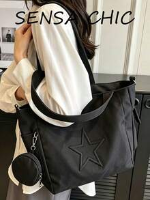 Black Nylon Tote Handbag With Front Zipper Pocket And Star Embossed Detail, Wide Strap And Side Storage Pockets, Suitable For Daily Use - Black - View 5