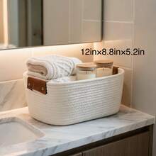 6-Pack Cotton Rope Storage Baskets With Leather Handles - Assorted Sizes Rectangular Collapsible Organiser Bins, Retro Look Multiple Bins For Shelves, Bathroom Home Organization - View 5