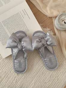 XIXITIAO Sandal Rumah Wanita Mewah dengan Pita Satin, Sandal Datar Lembut dan Nyaman untuk Dalam Ruangan - biru keabu-abuan - View 3