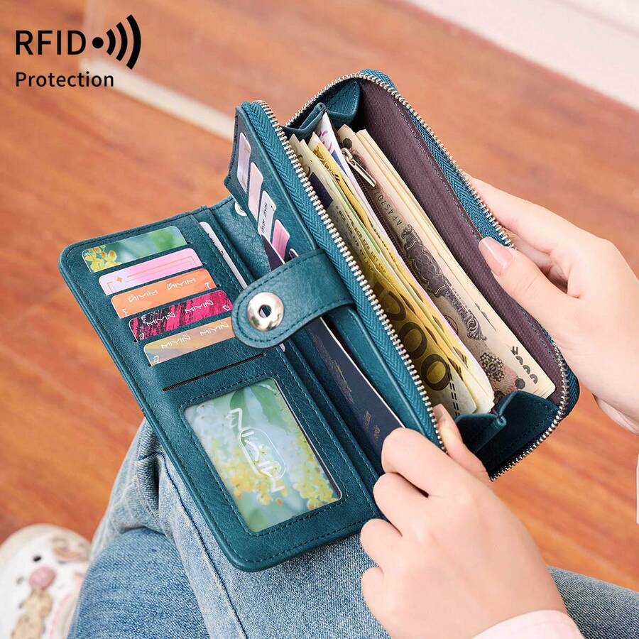MIYIN RFID 防盜刷蠟皮長款手腕包錢包，按扣拉鍊多卡夾層錢包，多功能文件護照夾附手提帶