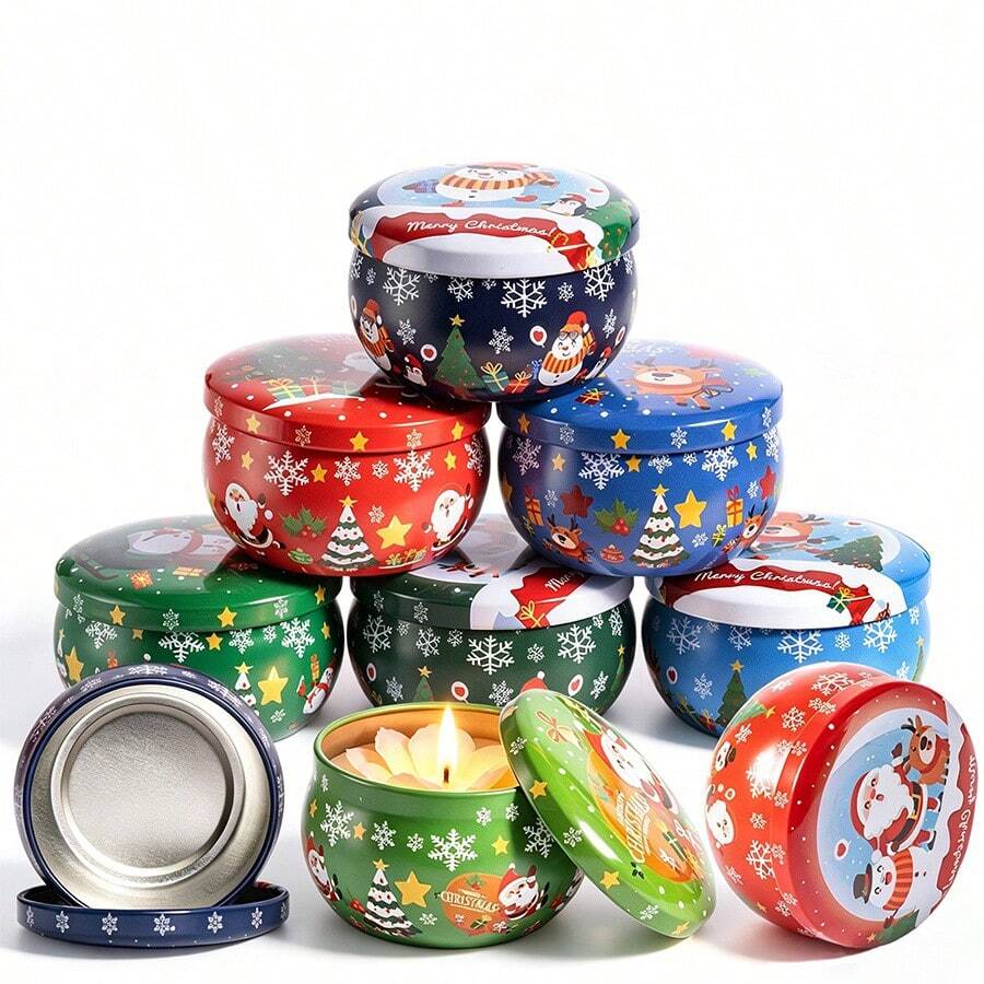 60pcs Christmas Candle Making Kit, 8pcs 2.5oz Random Christmas Pattern Empty Metal Candle Jars, Wicks, Wick Stickers, Wooden Wick Holders, DIY Scented Candle Handmade Set, Holiday Gift - Multiple Styles - View 1