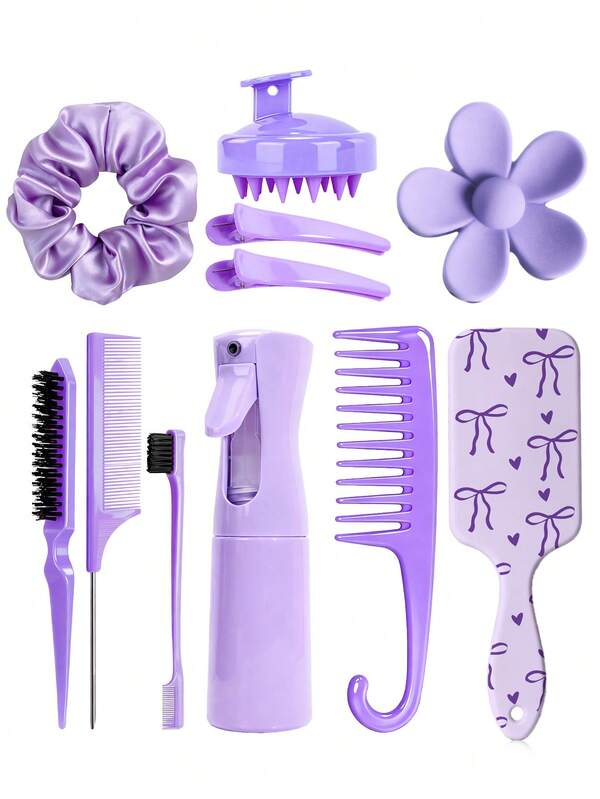 2/5/8/11 pièces/Set Outils de coiffure : Comprend une brosse à coussin d'air à imprimé nœud, un peigne démêlant à dents larges, un peigne à queue, une brosse de finition de la ligne des cheveux, une bouteille de pulvérisation continue, une brosse de massage du cuir chevelé, des pinces à cheveux, des chouchous en satin et des pinces à cheveux en forme de fleur, un ensemble d'accessoires de coiffure de qualité salon pour femmes