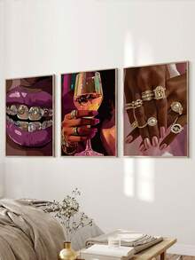3pcs Set Pink African Woman & Golden Jewelry Canvas Wall Art Prints - Frameless, Perfect For Living Room, Bedroom, Office, And Kitchen Decor - Abstract Style a - View 3