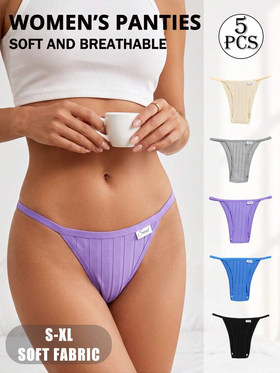 5pcs Plus Size Sexy Panties, Ribbed Comfortable Ribbon Low Waist T-Back, Minimalist Daily Sports Solid Color Women's Thong - Multicolor - View 1