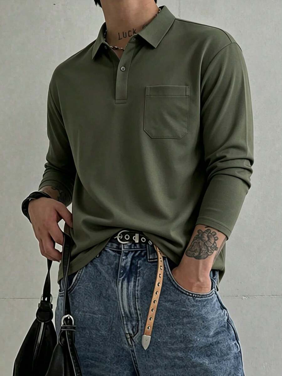 Men's High-Quality Long Sleeve Polo Shirt, Casual Solid Color Versatile, Spring Autumn Winter - Green - View 1