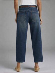 Women's Vintage Dark Blue Loose Slimming High Waist Wide Leg Cropped Jeans - Retro Blue - View 3