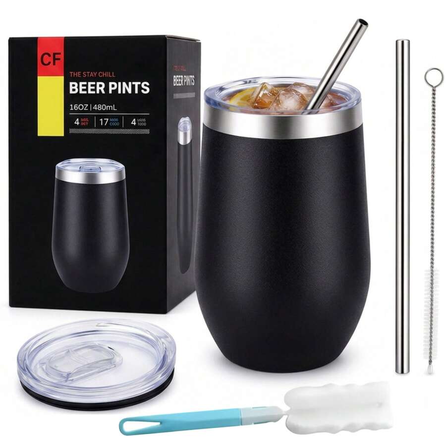 Termo 16oz(480ml) Acero Inoxidable, Antifugas, Incluye Popotes, Cepillo y Esponja, Vaso Termico Para Cerveza, Te Helado, Cafe, Chocolate, Termo Para Bebidas Calientes y Frias - Negro - Ver 1