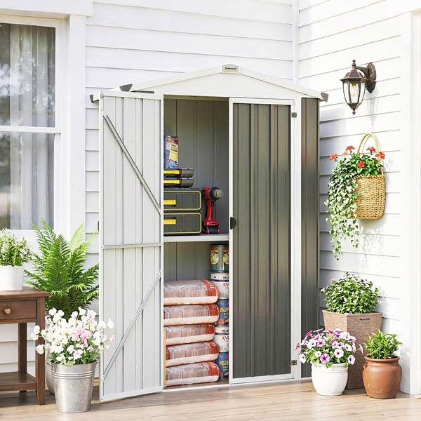 Outsunny 4 X 1.3ft Outdoor Storage Shed, Galvanized Steel Metal Garden Shed With Shelf, Lockable Sliding Doors And Apex Roof For Backyard, Patio, Balcony, Light Grey