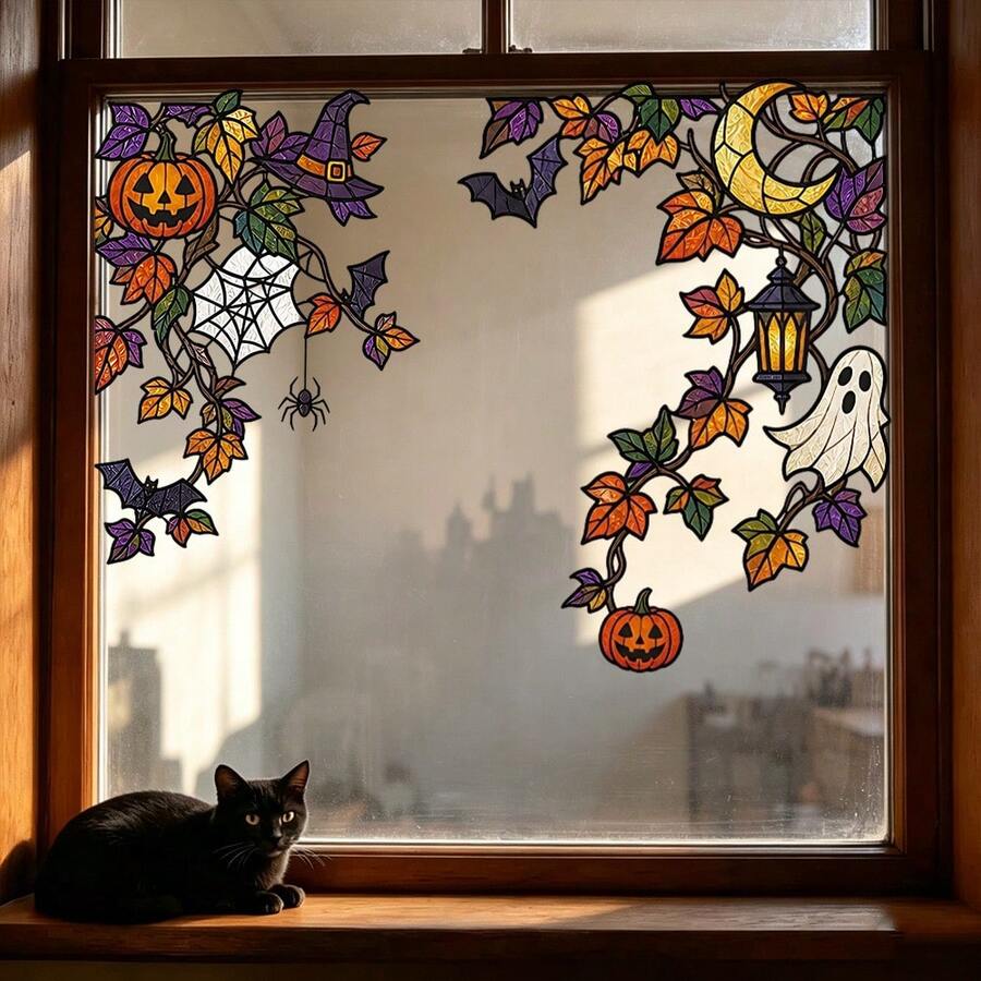 1/2pcs Vintage Gothic Halloween Plant Vine Window Stickers, Double-Sided PVC Static Adhesion Glass Decals, Suitable For Kitchen And Balcony Window Decoration - Multicolor - View 1