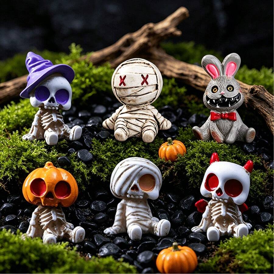 4pcs Resin Mummy Skeleton Demon Rabbit Mini Figurines, Dark Halloween Style, Suitable For Men And Women Desktop, Car Dashboard Decoration, Create Atmosphere, Perfect As Creative Holiday Gift - Multiple Styles - View 1