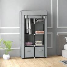 Fabric Wardrobe Space-Saving Closet With 5 Compartments & Clothes Rail, Zipper, Folding Wardrobe In Light Grey - 淺灰色 - 查看 2
