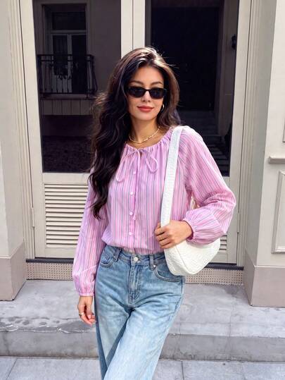 Striped Long Sleeve Shirt With Tie Front And Elastic Cuffs, Casual Women's Top Pink