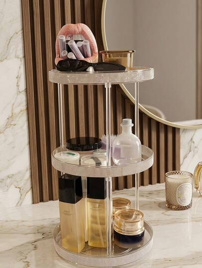 1 pièce Organisateur de maquillage multifonctionnel décoré de strass rotatif à 360°, étagère de rangement cosmétique rotative à 360° avec strass, organisateur de soins de la peau à double couche pour coiffeuse, plateau de rangement rotatif rose scintillant avec strass pour filles, organisateur de bureau grande capacité pour soins de la à lèvres et maquillage