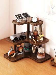 3-Tier Walnut Wood Corner Storage Rack With Multi-Function Tabletop, Suitable For Organizing Bathroom Vanity, Cosmetics, Skincare, Perfume, Spice Jars And Small Items - Multicolor - View 4