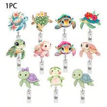 1 pieza Portacredencial retráctil con diseño de tortuga y flor, con clip de cocodrilo, fácil de tirar - Multicolor - Ver 1