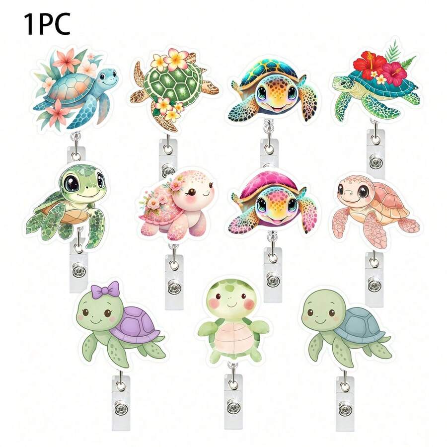 1 pieza Portacredencial retráctil con diseño de tortuga y flor, con clip de cocodrilo, fácil de tirar - Multicolor - Ver 1