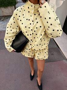 Autumn/Winter Polka Dot Stand Collar Drawstring Loose Jacket, Urban Casual Style, Versatile Yellow Top For Dating And Travel - Multicolor - View 3