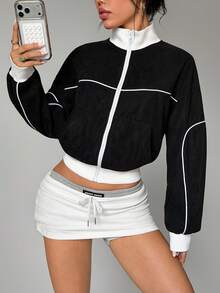 Women's Black Half-Zip Fleece Pullover Jacket, White Trim Sporty Windbreaker - Black - View 3