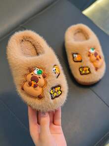 1 Pair Capybara Kids Fuzzy Slippers Winter Boys Indoor Home Slippers For Toddlers And Big Kids Girls - Light Coffee - View 7