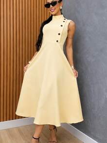 Elegant Sleeveless High Neck Midi Dress For Women, Side Button Detail, Chic Casual And Party Tailored Dress - amarelo bebe - 查看 6