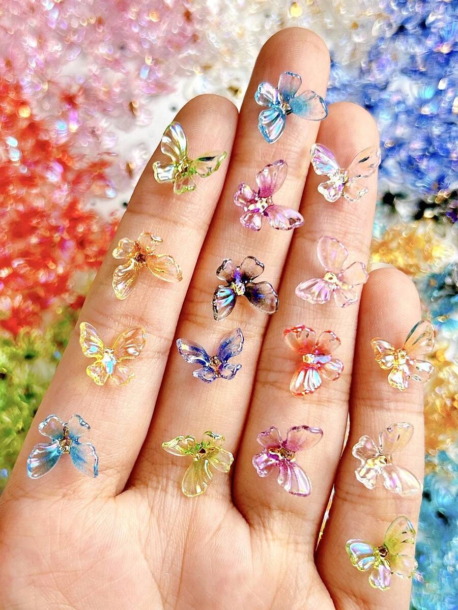 100pcs Transparent Aurora Holographic Gradient Butterfly Resin Nail Art Charms, 3D Resin Nail Decor Accessories For DIY Nail Decoration, Random Colors