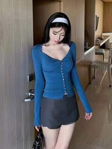 Designer Long Sleeve T-Shirt Women Autumn Sexy Style Sexy Slim Fit Top - Blue - View 8