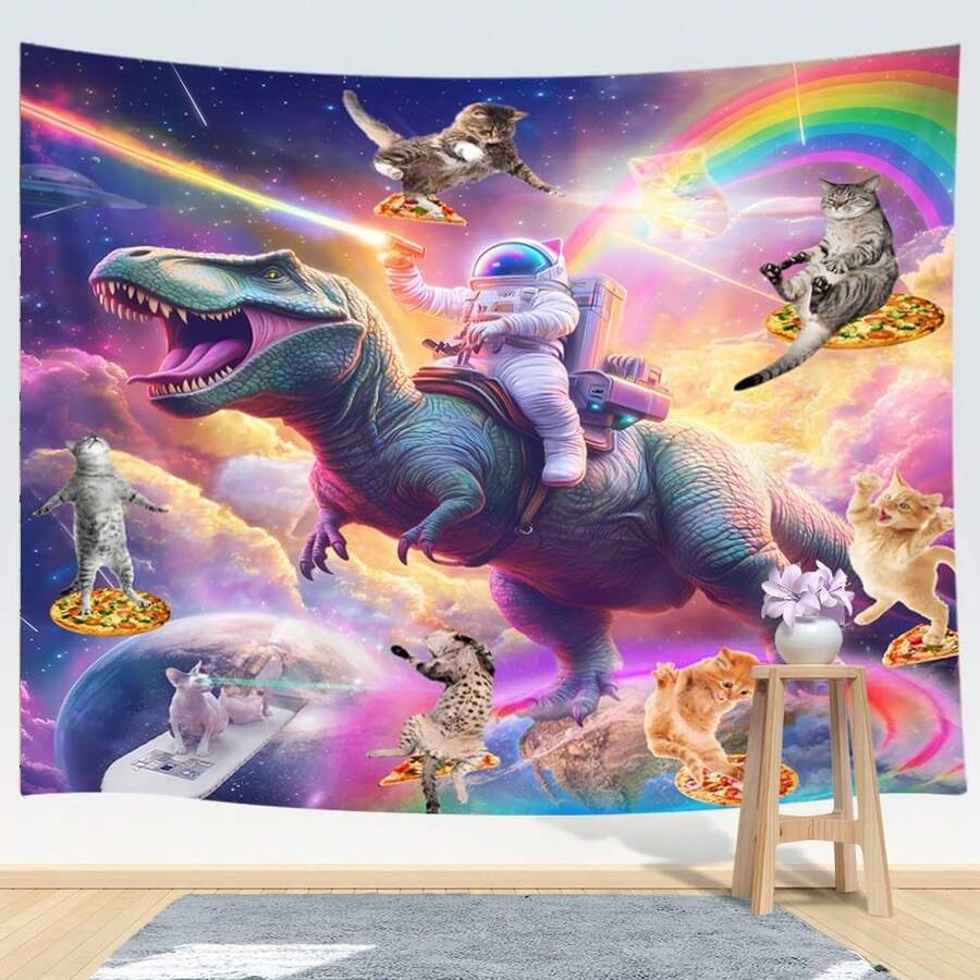 "Astronaut Riding A Dinosaur" Tapestry, Japanese-Style Wall Decor, Aesthetic Bedroom Decoration, Fun Cat Tapestry For Kids - Multicolor - View 1