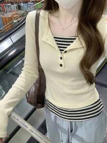 韓式修身對比色條紋拼接鈕扣設計女款內搭T恤上衣 - 杏色 - 查看 2