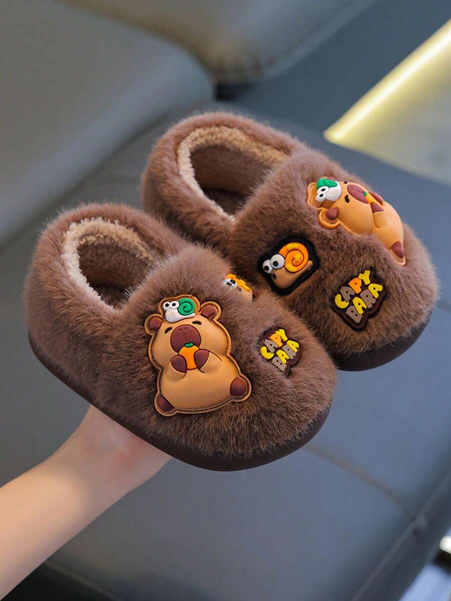 1 Pair Kids Fuzzy Slippers PVC Sole Warm Winter Boys Girls Capybara Design Cute Closed-Back Baby Plush House Shoes