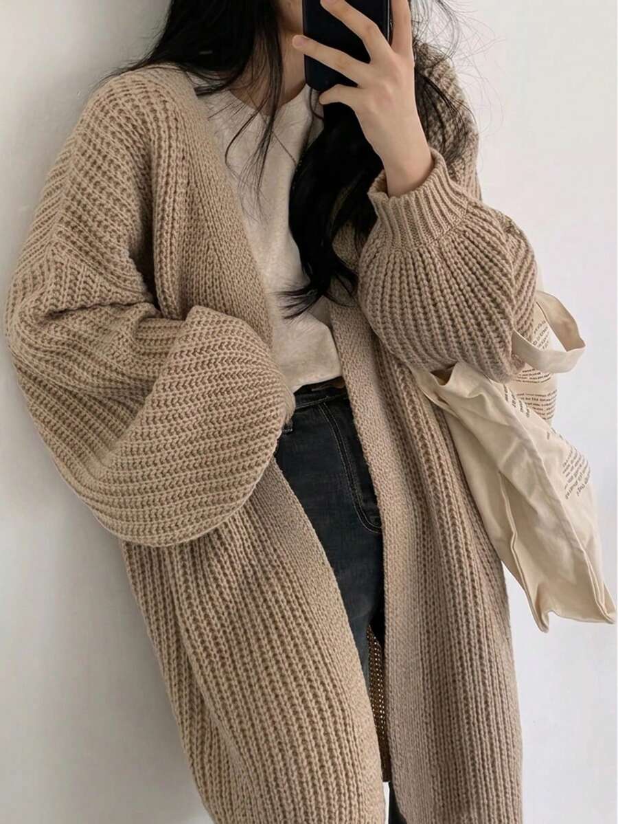 EAVA 女款韓式休閒寬鬆版型喇叭袖純色針織開襟衫,適合情人節穿著 - 卡其色 - 查看 1