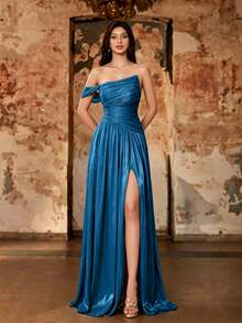 Summer/Autumn Elegant Asymmetric One-Shoulder Cinched Waist Pleated Shiny Satin High Slit A-Line Long Evening Gown, Backless Tie Design, Suitable For Wedding Guest Party - Teal Blue - View 1