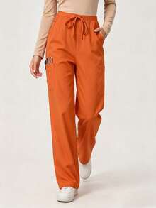 Women's Solid Color Pocket Straight Fit Scrubs Nurse Scrubs Workwear Dentist Healthcare Pet Hospital Laboratory Pants Fall - Orange - View 2