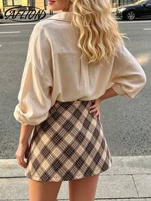 Women's Preppy Brown Plaid Mini Skirt, High Waist Diagonal Plaid Wool Blend A-Line Skirt, Suitable For Autumn Campus Daily Wear - Brown - View 2
