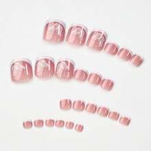 24 Stück französische Farbverlauf Nude-Rosa Schmetterlingsmuster quadratische Press-On Zehennägel, Press-On Pediküre, wiederverwendbare DIY Zehennagelspitzen für Frauen, Sommer Fußnagelkunst Dekoration, Nagelbedarf für Zuhause und Salon - Verschiedenfarbig - Übersicht 4