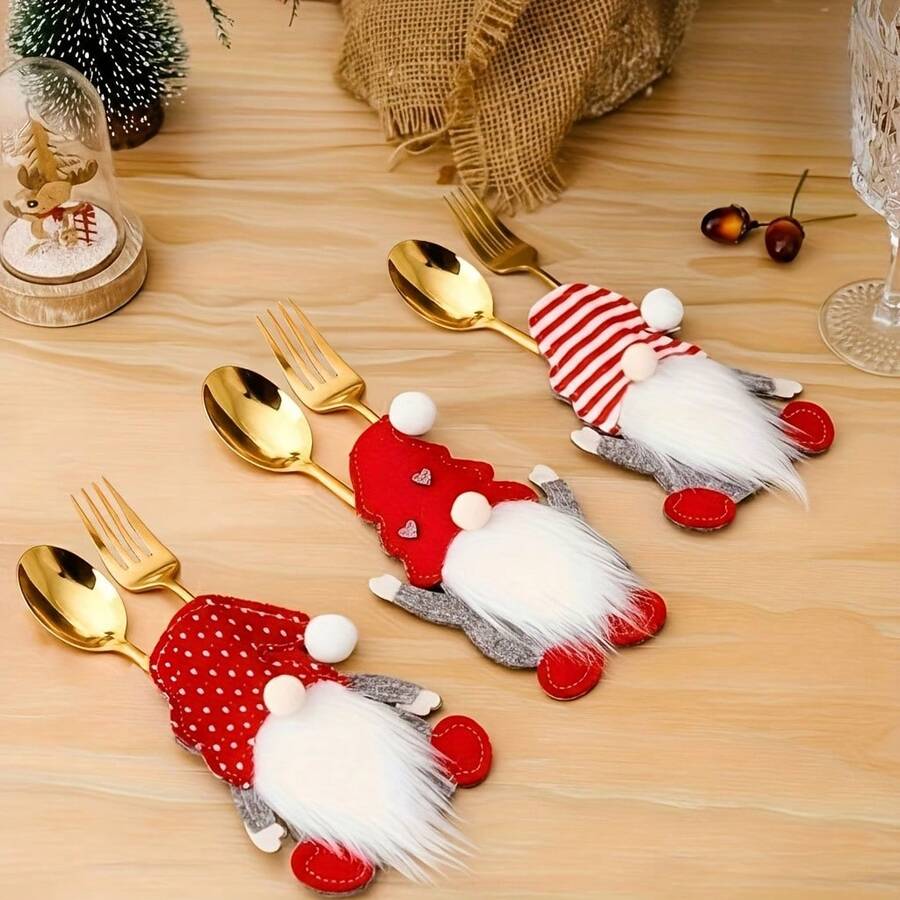 6pcs, Festive Tableware Storage Set, Table Forks, Spoons, And Placemats, Tableware Pocket Set, Decoration - Red - View 1