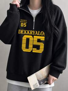 Women's Autumn/Winter Round Neck Loose Slouchy Casual Versatile Letter Print Zip-Up Sweatshirt Black - Black - View 6