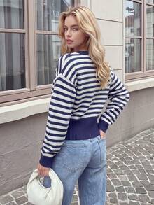 Women's Soft Knit Striped Faux Wrap Cardigan Style Sweater, Round Neck Faux Button Detail Ribbed Hem Short Knit Top - Navy Blue - View 3