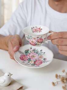 1pc 80ml Mini Espresso Cup With Saucer, Vintage Rose Floral Ceramic Coffee Cup, Korean Ins Style, Gold Rim Design, Suitable For Coffee, Tea, Latte, Home Decor And Gift - White - View 7