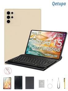 Qetupa 10.1-Inch Android 15 Tablet With Case, Keyboard, And Mouse, 8GB RAM + 128/256GB Storage (Expandable To 1TB), HD (1280x800) IPS Touchscreen, 5MP Front Camera And 13MP Rear Camera, 6000mAh Battery (Charging Adapter Not Included) - Gold - View 1
